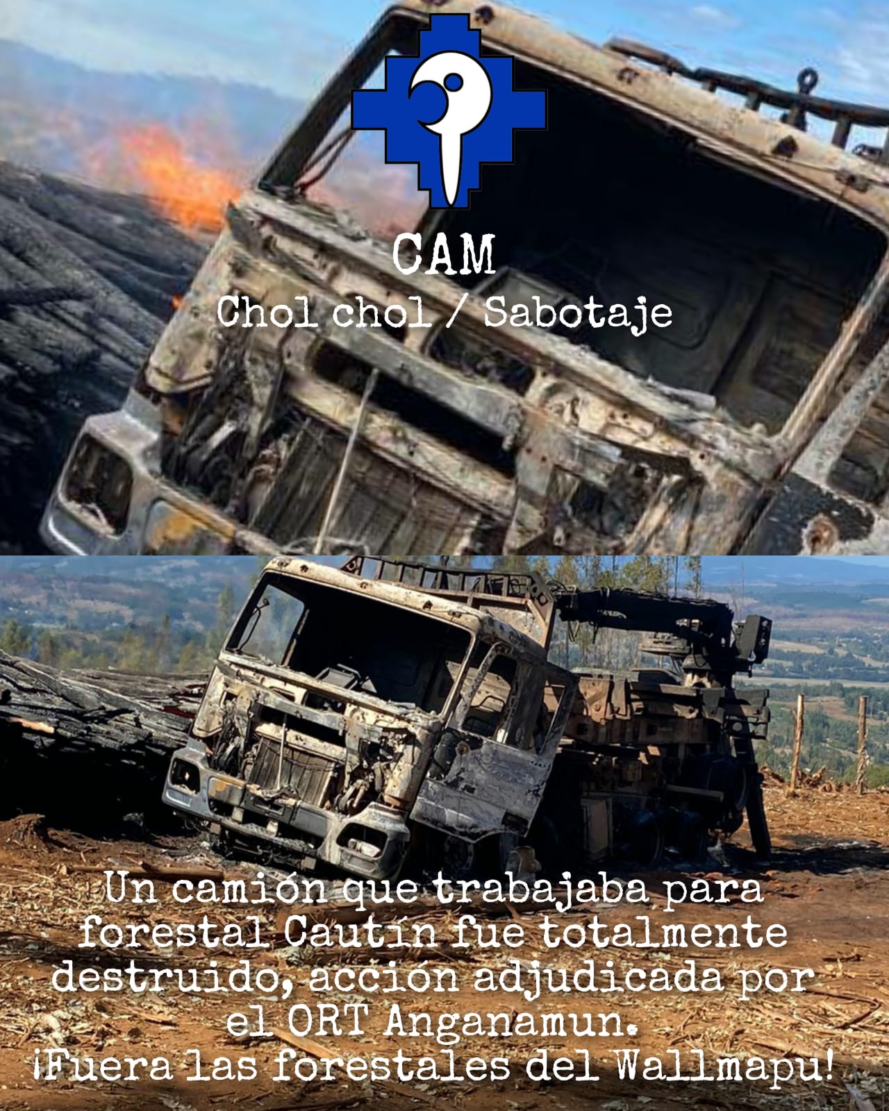 CAM / Cholchol / Sabotaje / Un camion que trabajaba para forestal Cautin fue totalment destruido, accion adjudicada por el ORT Anganamun. Fuera las forestales de Wallmapu!