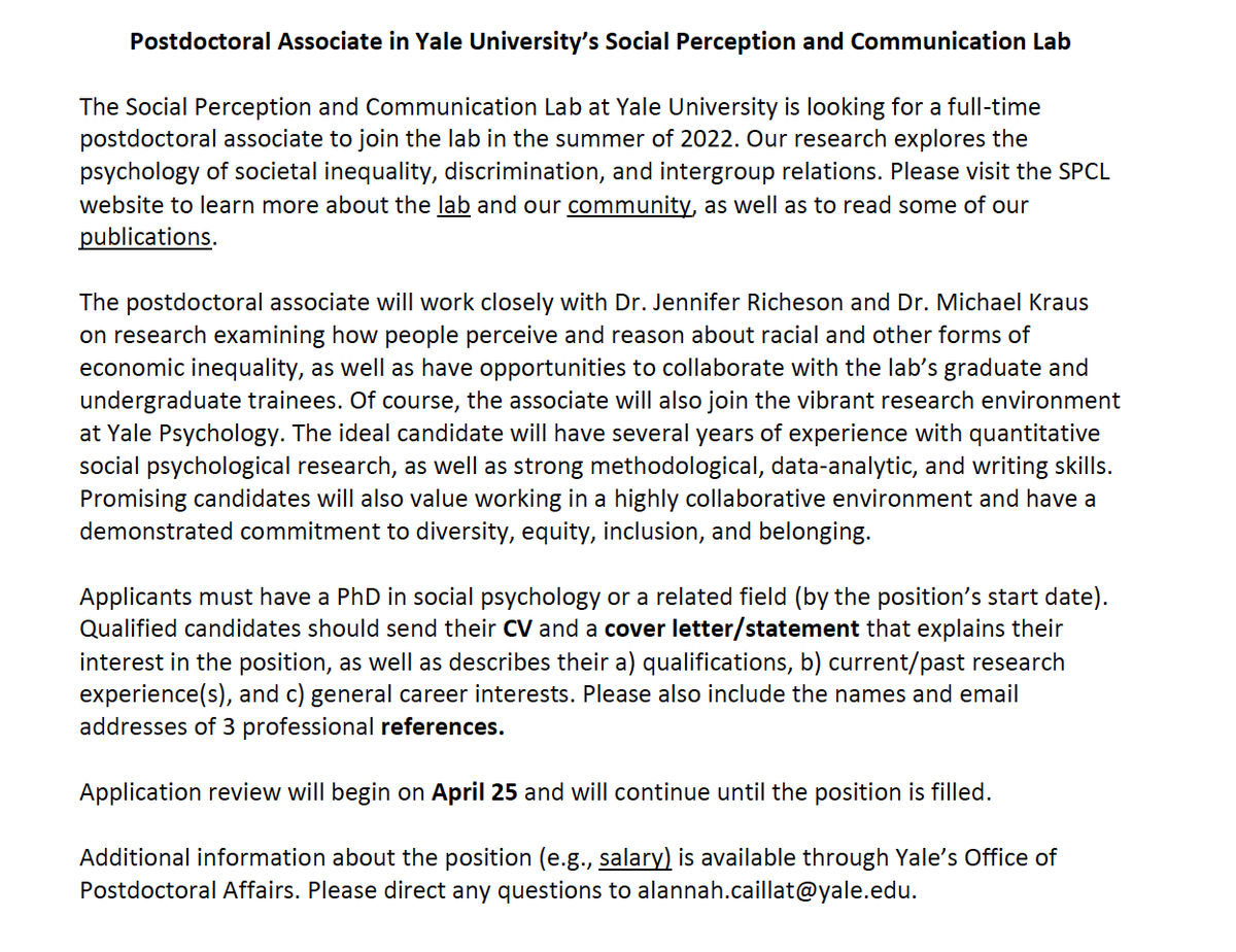 Come join our lab!! We're searching for a postdoc to join our group beginning this summer! Work with <a href="/mwkraus/">Michael W. Kraus</a> and me (plus a wonderful team of graduate and undergraduate researchers) examining the psychological science of societal inequality. Please RT!!
spcl.yale.edu/news/were-look…