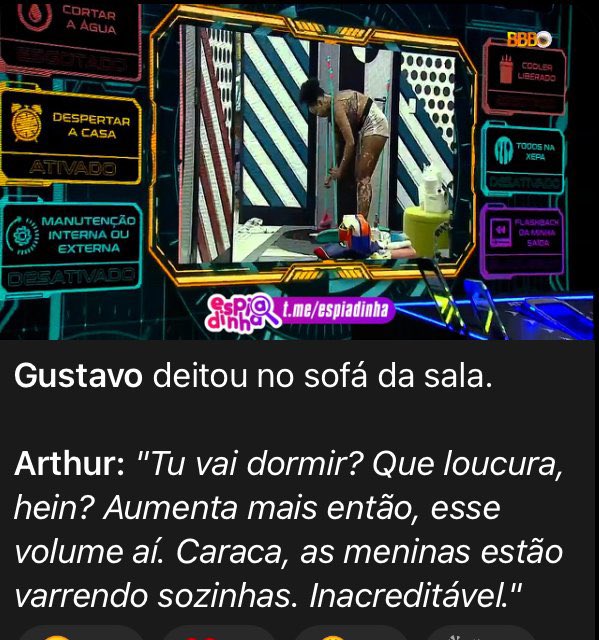 Dantinhas's tweet photo. Arthur não gostou de ver as meninas limpando a casa sozinhas enquanto os meninos dormiam e por isso acordou todo mundo. #BBB22  

prints: @canalespiadinha https://t.co/JiGeNv6pv1