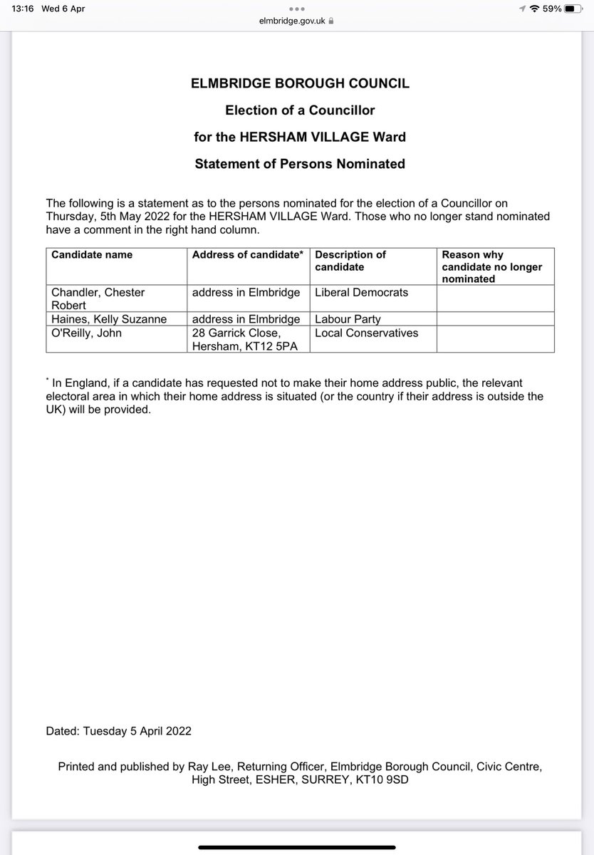 Think I’m the only candidate living in Hersham. Likely to be fairly occupied for the next month, pounding the streets and getting feedback. Local democracy should be treasured and I’m sure it will be a good, positive and clean contest.👍