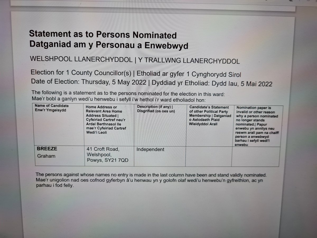 Great news to be returned unopposed as Powys Councillor for Welshpool Llanerchyddol Ward for next 5 years. Will continue to serve people of Welshpool.