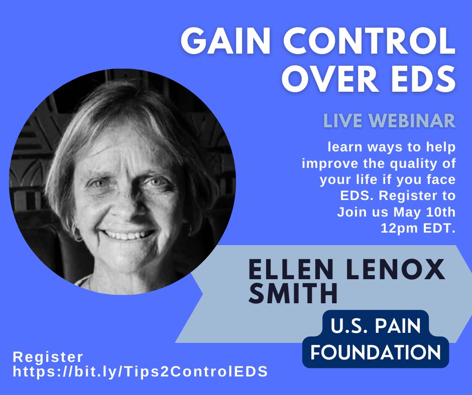US_Pain's tweet photo. On Tuesday, May 10, at 12pm ET, Ellen Lenox Smith, Co-Director of Medical Cannabis Advocacy for the U.S. Pain Foundation, will be sharing โTips on How to Have Some Sense of Control with Out-of-Control EDS.โ Register today: https://t.co/Cumr5omcXF #painwarrior #USPain https://t.co/gDs7Z8T988