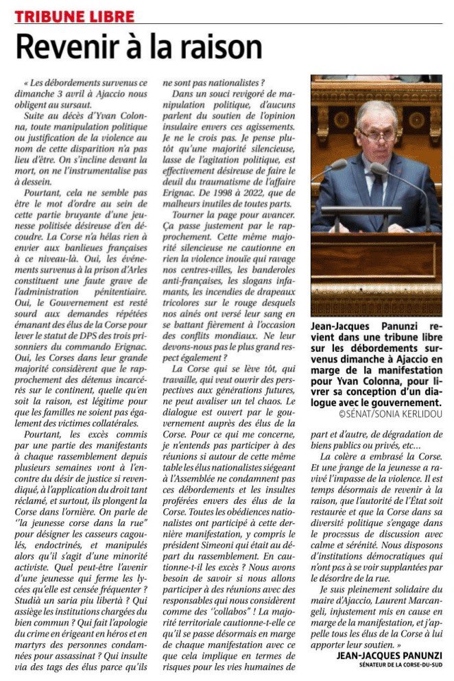 🗞 « Revenir à la raison »
Tribune libre de Jean-Jacques Panunzi, Sénateur de la Corse-du-Sud, dans le Corse-Matin d’aujourd’hui ⤵️