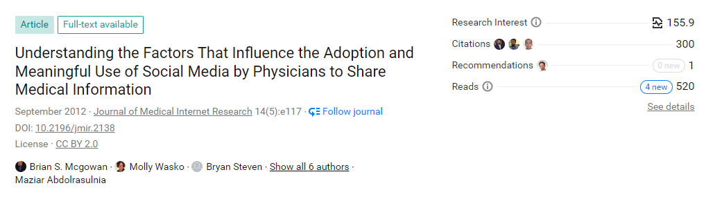 BrianSMcGowan's tweet image. 10 yrs since we published this landmark study - it was the most read in 2012-2013 &amp;amp; now it has been cited 300x's and has supported an ever-growing branch of research.

Open access: jmir.org/2012/5/e117

cc: @rsm2800 @Doctor_V @OutcomesNews 

#hcsm #socialQI #meded #CMEchat