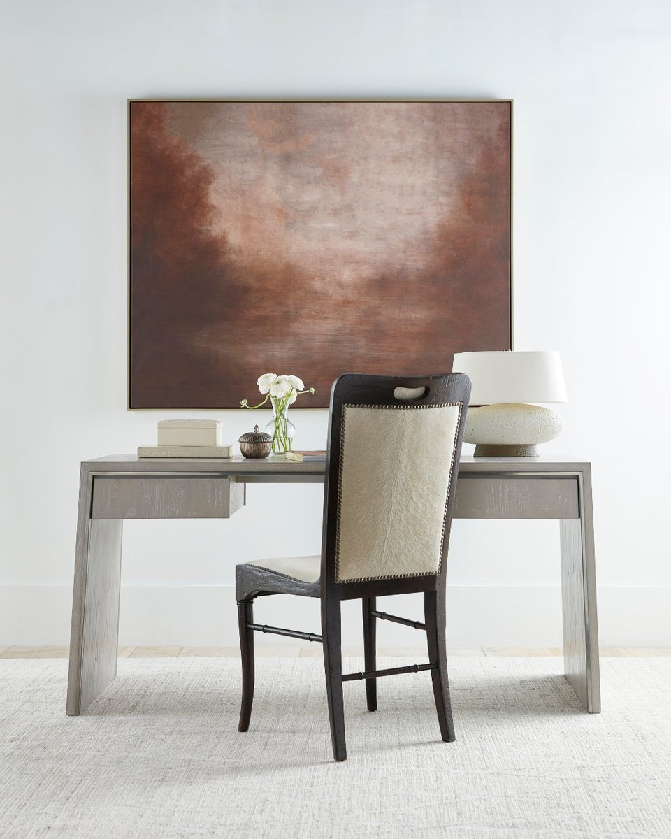 theoalex's tweet image. Our sleek new Lazlo Writing Table is made of European ash veneer with two suspended frieze drawers. Available starting in fall 2022. Shown here with our Thane Dining Chair, part of our Marst Hill Collection ☆

#writingtable #chair #theodorealexander