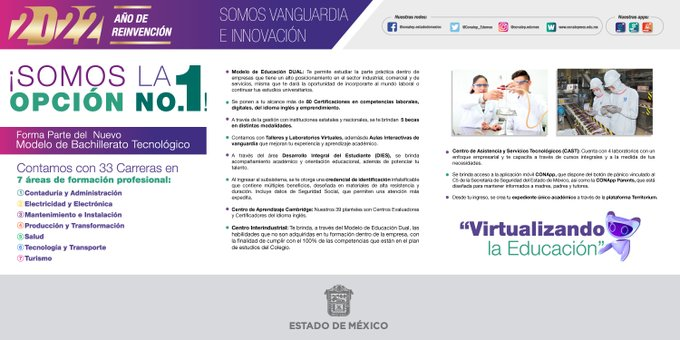 ConalepBQA's tweet photo. ¡Ven y forma parte de una gran Institución Educativa!
Te invitamos a estudiar con nosotros las Carreras de Profesional Técnico Bachiller en:
Contabilidad 
Informática 
Máquinas Herramienta 
Mecatrónica 
@Conalep_Edomex
#ApasionadamenteCONALEP #FormandoBiografíasExitosas https://t.co/dYfetdbR7b