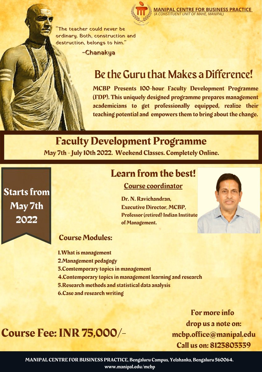AbhishiktChauha's tweet image. Hello Everyone,
I am sharing here the brochure of a unique faculty development program (FDP) where theory meets practice @mcbpbangalore
More information available at manipal.edu/mcbp.html
#FacultyDevelopementProgram
#ProfessionDevelopment