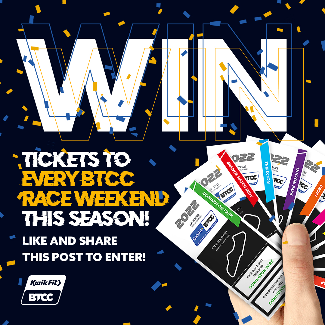 ✨ #WIN tickets to every #BTCC race weekend this season! ✨

Kwik Fit is offering a pair of tickets to every BTCC qualifying and race day in 2022 for one lucky winner 🤩

👉 Follow <a href="/Kwik_Fit/">Kwik-Fit</a>
👉 Like &amp; RT

Competition closes 1700 Wednesday 13 April, Ts&amp;Cs apply