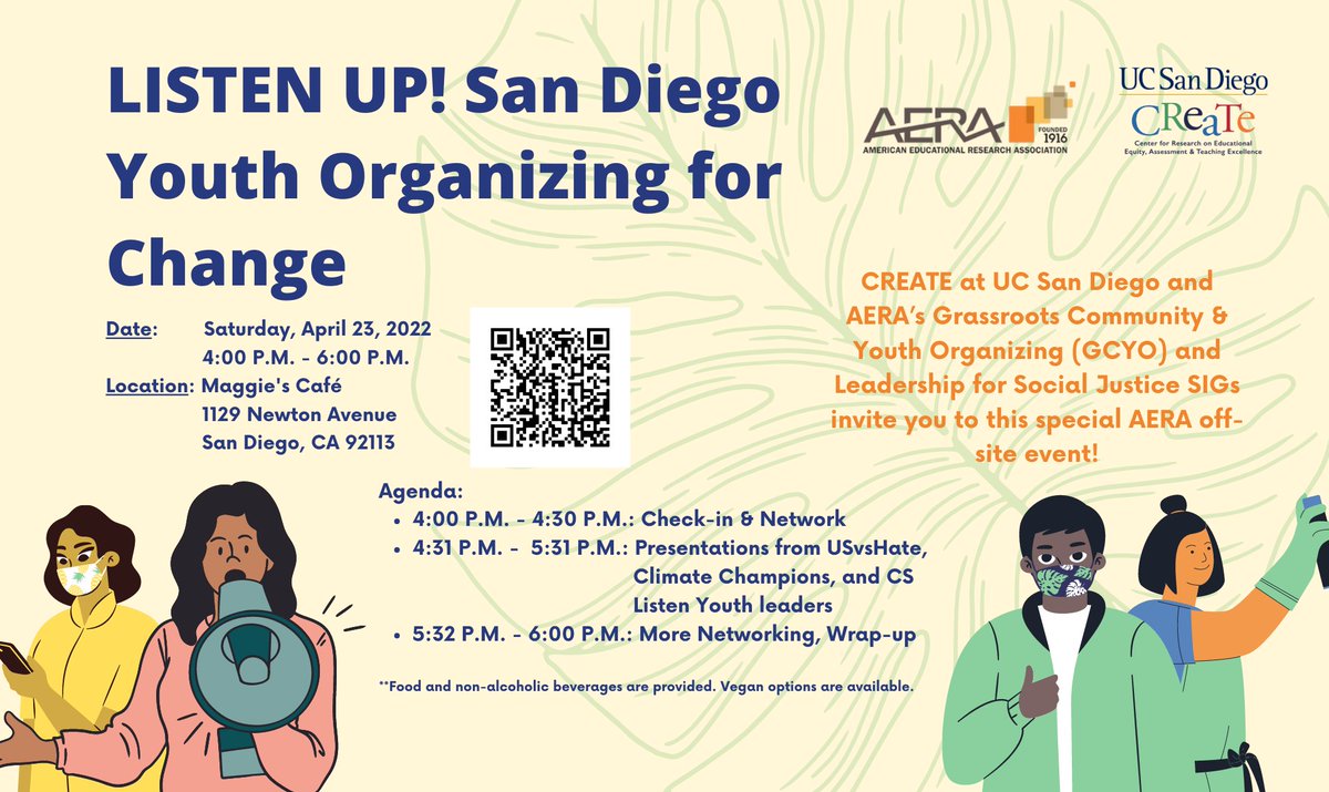 Grassroots Community & Youth Organizing_SIG_AERA (@gcyo_sig) on Twitter photo If you'll be at <a href="/AERA/">aera</a> in San Diego, make sure to RSVP for our SIG's off-site event at Maggie's Cafe where youth researchers from <a href="/UCSDCREATE/">CREATE</a> will share their research. Pls retweet and spread the word! <a href="/dr_vanlac/">Van Lac</a> @chrisbuttimer <a href="/David_SinLimite/">David Aguayo</a> <a href="/DivA_EdLead/">AERA Division A</a> <a href="/AERALSJ/">AERA LSJ</a> If you'll be at <a href="/AERA/">aera</a> in San Diego, make sure to RSVP for our SIG's off-site event at Maggie's Cafe where youth researchers from <a href="/UCSDCREATE/">CREATE</a> will share their research. Pls retweet and spread the word! <a href="/dr_vanlac/">Van Lac</a> @chrisbuttimer <a href="/David_SinLimite/">David Aguayo</a> <a href="/DivA_EdLead/">AERA Division A</a> <a href="/AERALSJ/">AERA LSJ</a>