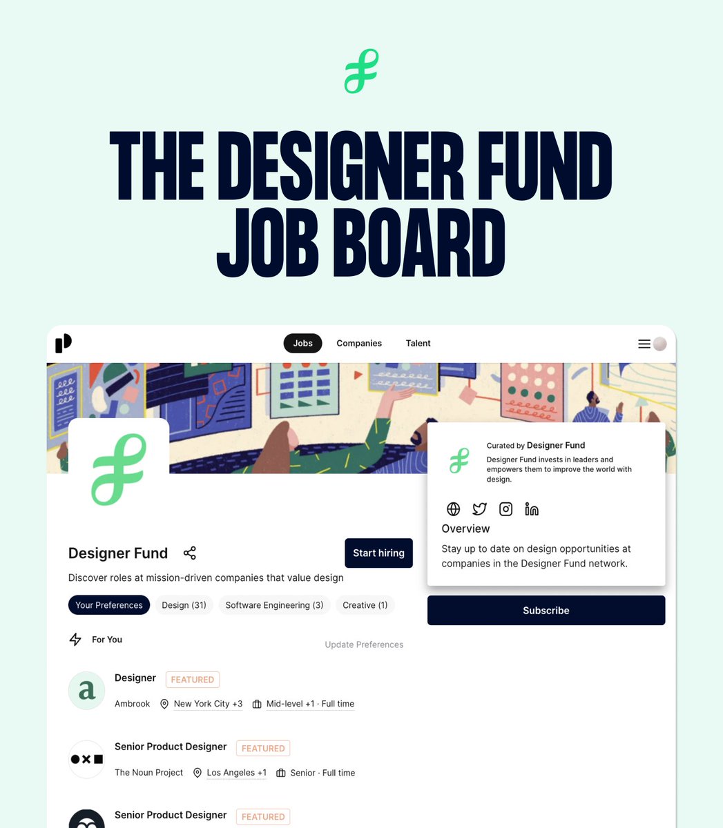 📢 Looking for your dream design job? We've got you covered.
 
We’re excited to announce the Designer Fund Job Board—featuring carefully selected roles at mission-driven startups that value design!
 
Browse the 30+ jobs: designerfund.pallet.com/jobs