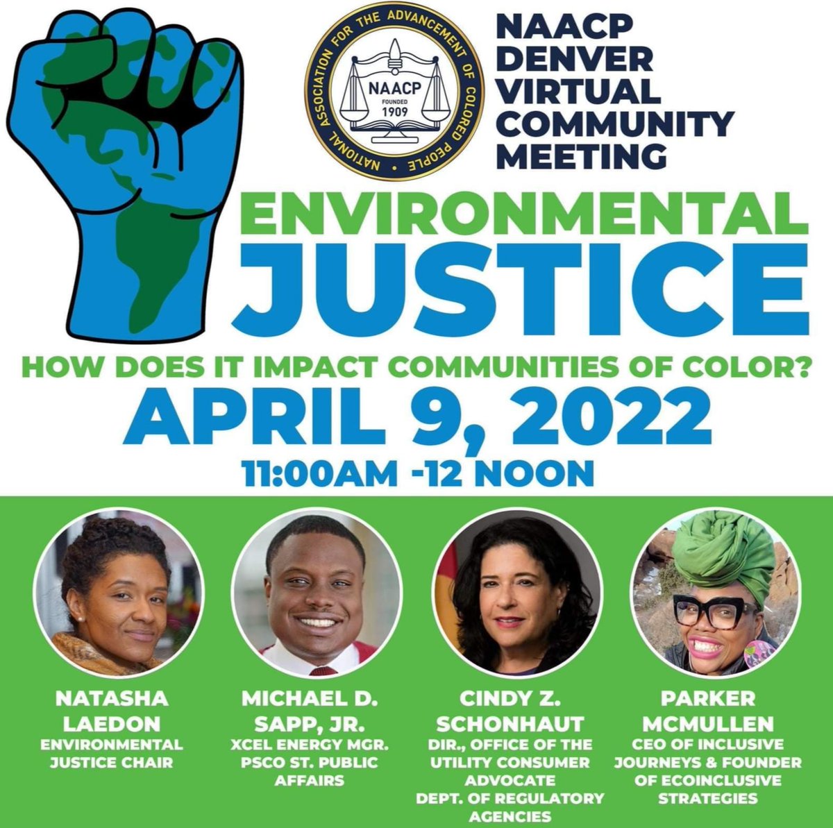 Hi friends! Join me and NAACP Denver, this Saturday, April 9th,  as we continue to celebrate earth month by discussing
#EnvironmentalJustice and its impact on communities of color. 

Join Zoom Meeting
us02web.zoom.us/j/87864344222

Meeting ID: 878 6434 4222