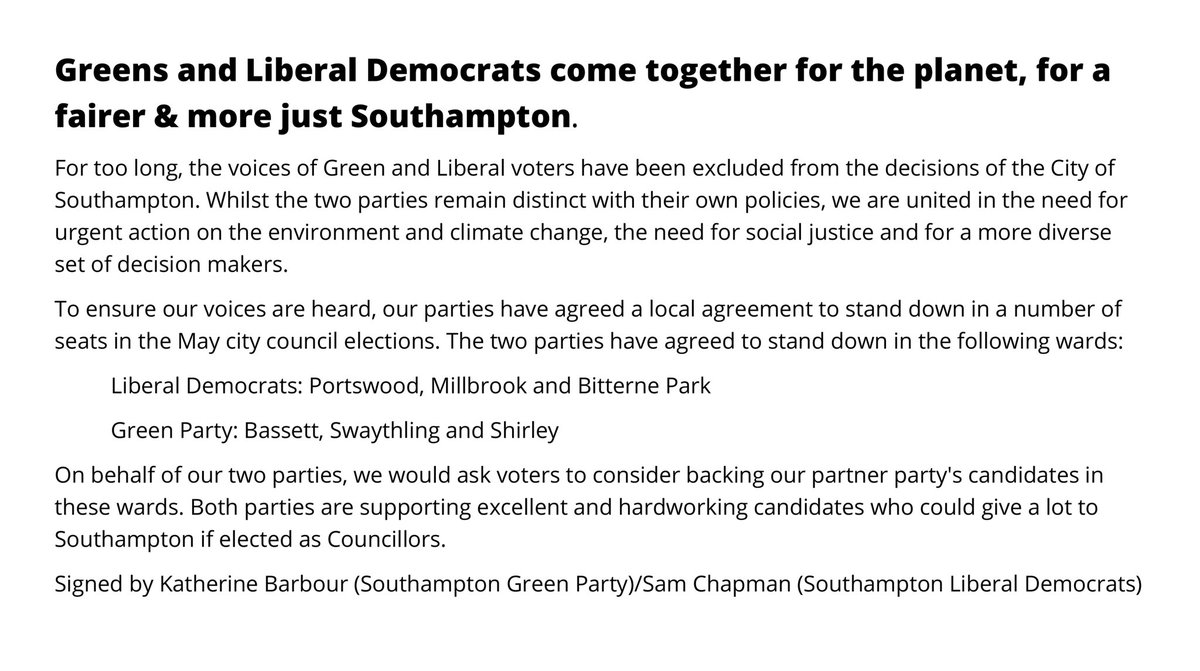 Southampton Lib Dems (@soton_libdems) on Twitter photo We are pleased to make the following statement in regard to the local elections for Southampton City Council. We would like to thank our partners in the <a href="/SotonGreenParty/">Southampton Green Party</a> for their constructive and positive engagement. We are pleased to make the following statement in regard to the local elections for Southampton City Council. We would like to thank our partners in the <a href="/SotonGreenParty/">Southampton Green Party</a> for their constructive and positive engagement.
