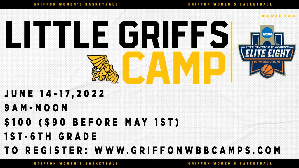 GriffonWBB's tweet photo. ‼️Little Griffs Camp‼️

▪️Camp T-Shirt AND basketball to take home
▪️Skills, games, competitions, &amp; a lot of fun
▪️Interact with current &amp; former Griffon players
▪️$10 off when you register before May 1st!

https://t.co/d9zONaKlFt

#Griffup🦁🦅 https://t.co/mwOKltzhX0
