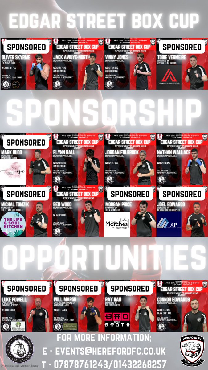 HFC__Events's tweet image. A massive thank you to all of our Box Cup sponsors! 🙏

There are still bouts available to sponsor, but hurry, they're going fast! ⚡️

Click the link below to find out more!
👉herefordfc.co.uk/events-sponsor…