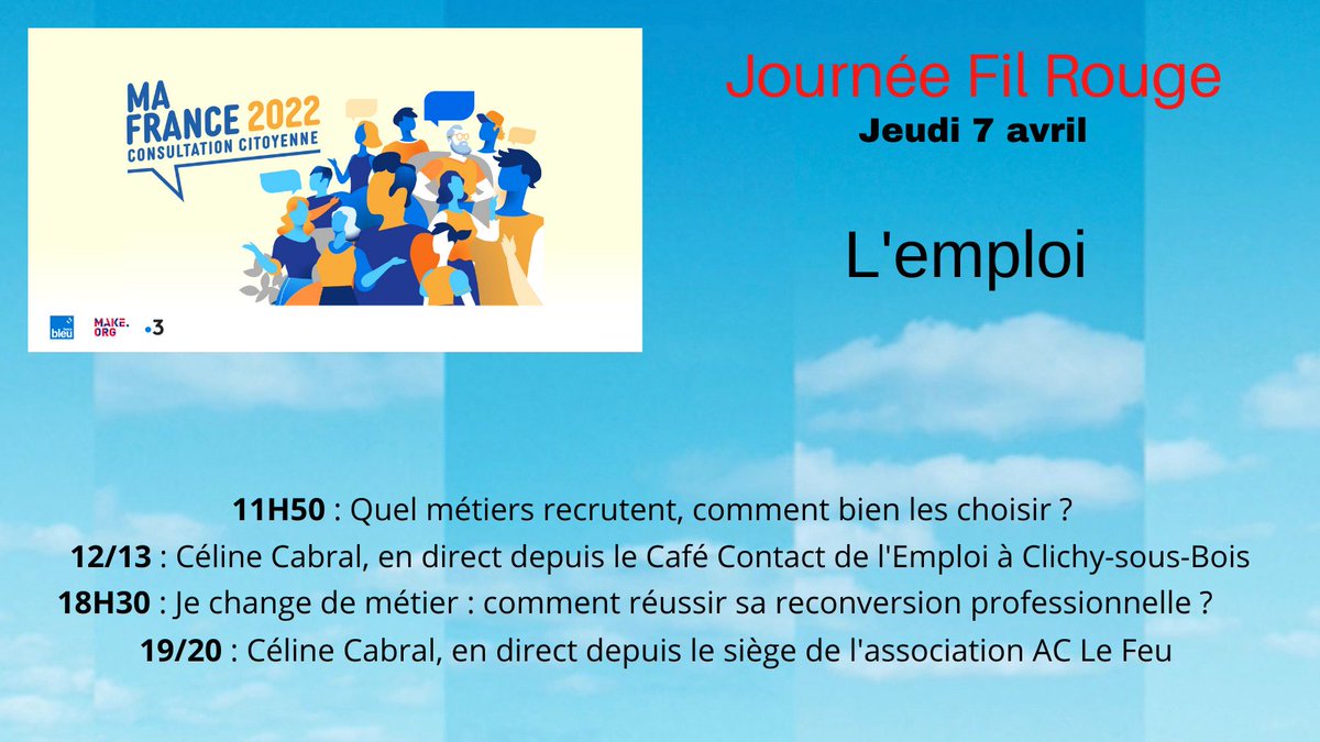 France3Paris's tweet photo. #MaFrance2022 : journée fil rouge #Emploi sur
@France3Paris en partenariat avec @francebleuparis
►#OnVousDitTout @JulieJacquard les métiers qui recrutent
►12/13 @celinecabral à Clichy-sous-Bois
► #18h30 @JbPattier #ReconversionProfessionnelle
►19/20 En direct de @Aclefeu https://t.co/o1j5s7oW5H