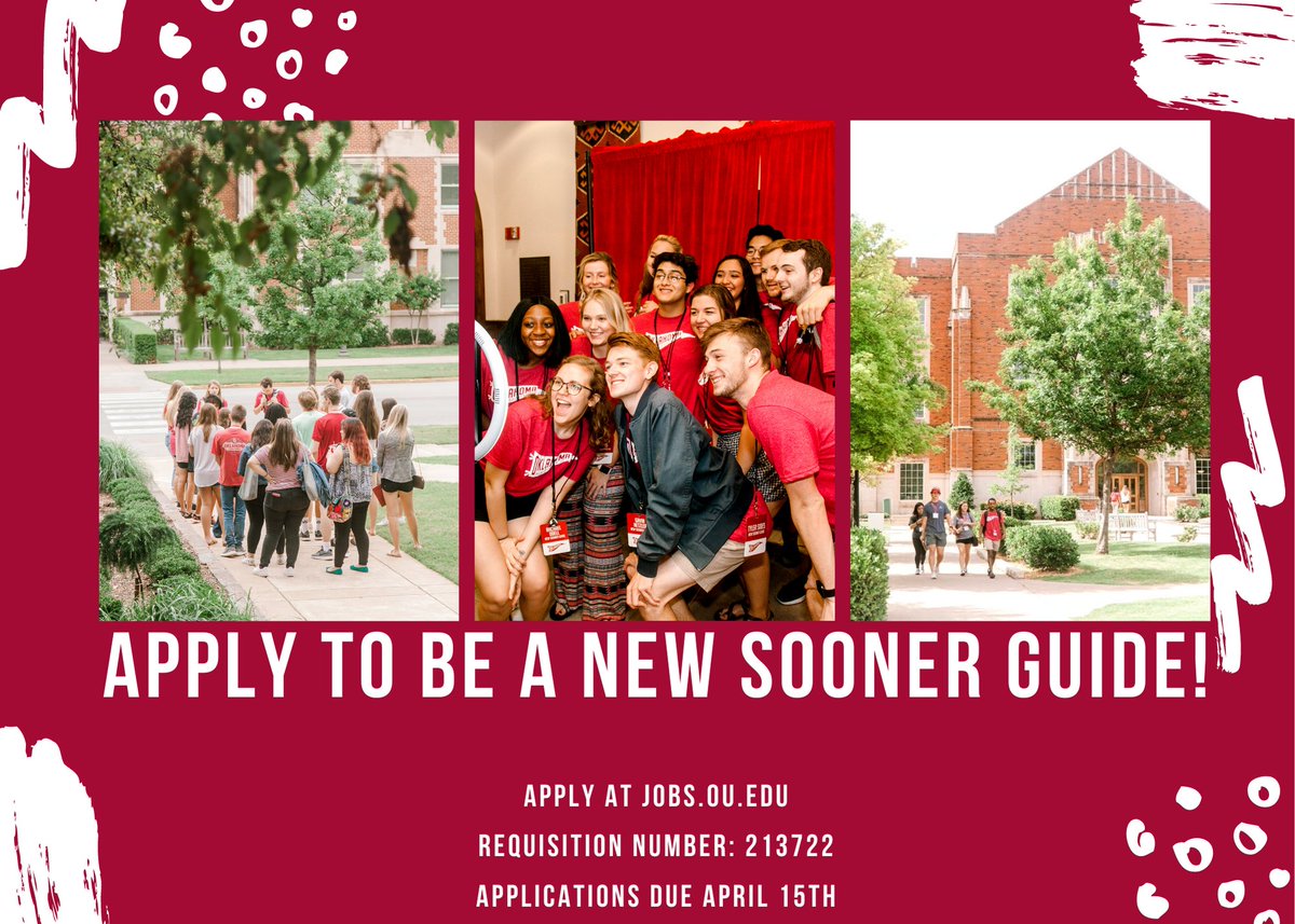 Looking for a job this summer? Apply to be a New Sooner Orientation Guide! Applications are due April 15th. 

For more information contact newsooner@ou.edu.