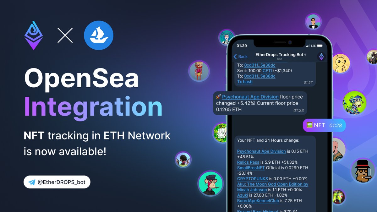 The wait is over! We have successfully integrated #OpenSea! 💥😛

And and track your favourite #NFT collections and arts with #EtherDrops bot (#ETH network)! Receive instant notifications of change of floor💲and metrics ✅

t.me/EtherDrops9_bot 👈🤩
#digitalart