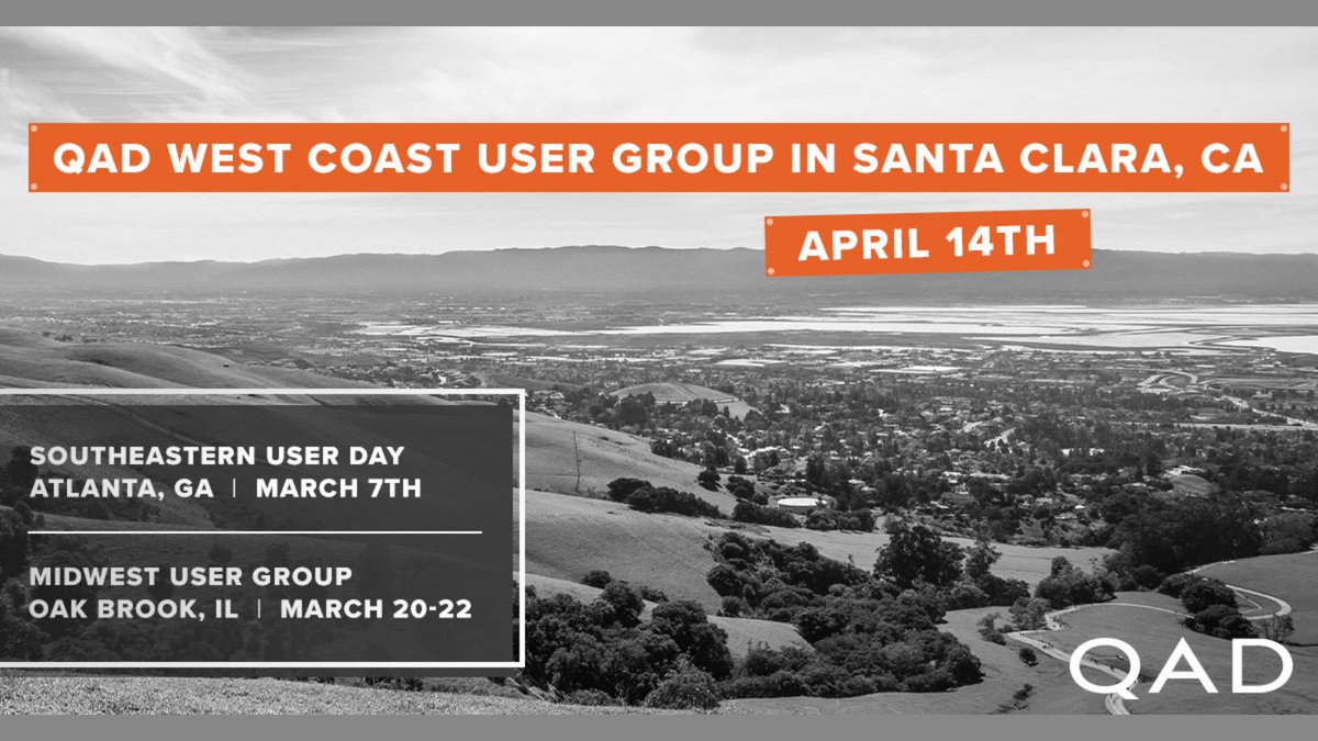 QAD_Community's tweet photo. [REMINDER] Join us for the next West Coast User Group on April 14th for a full day of QAD education, training and networking. Register Now! #AdaptiveERP #WeCUG https://t.co/DuMksNuNzL https://t.co/mWwP4kzKz0