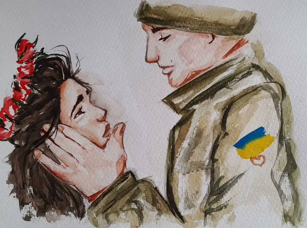 Artists4Ukraine's tweet photo. Watercolor by @snizhok_art. I wanted to convey all the emotions that every girl, mother, daughter feels when accompanying her husband, father, brother to war. Every Ukrainian feels these emotions." https://t.co/jQM9X8PcNH
