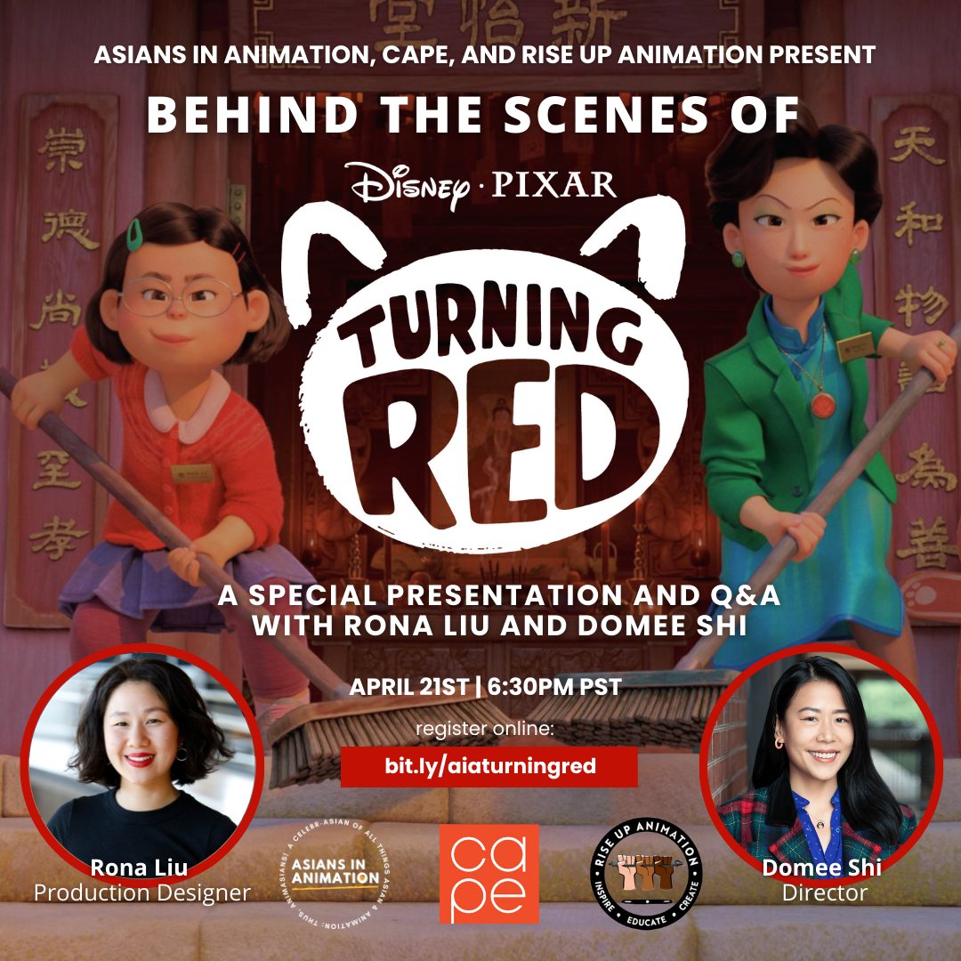 AnimAsians's tweet photo. Join CAPE, Asians in Animation, and Rise Up Animation for a SPECIAL PRESENTATION + Q&amp;A with two leading creatives on TURNING RED – Domee Shi and Rona Liu! 

April 21, 2022 | 6:30pm PT
REGISTER HERE: https://t.co/1I8IC5M1an 

@CAPEUSA @riseupanimation @AnimAsians 

#turningred https://t.co/rSIQNo8bhQ