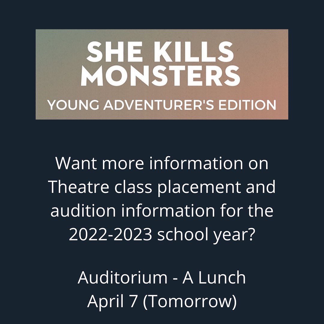 HSHSTheatre's tweet photo. The play for 2022-23 will be…🥁… “She Kills Monsters”‼️We hope that all that can will come out to audition✨ and we are excited to see all the talent this coming year will bring 👀 We hope you are all excited too :) https://t.co/16sWL5fvV4