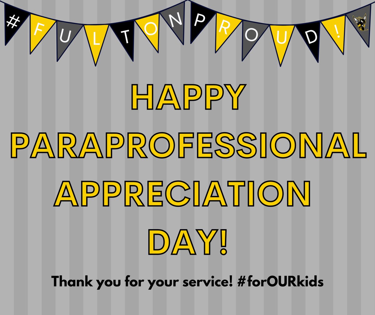 FPSHornets's tweet photo. Happy Paraprofessional Appreciation Day! 💛🐝🖤
Thank you to our hardworking paraprofessionals for all that you do! We greatly appreciate your dedication to meeting the educational needs of our students. You each make us so #FultonProud! 🤩 https://t.co/7uZ1U9MKKh