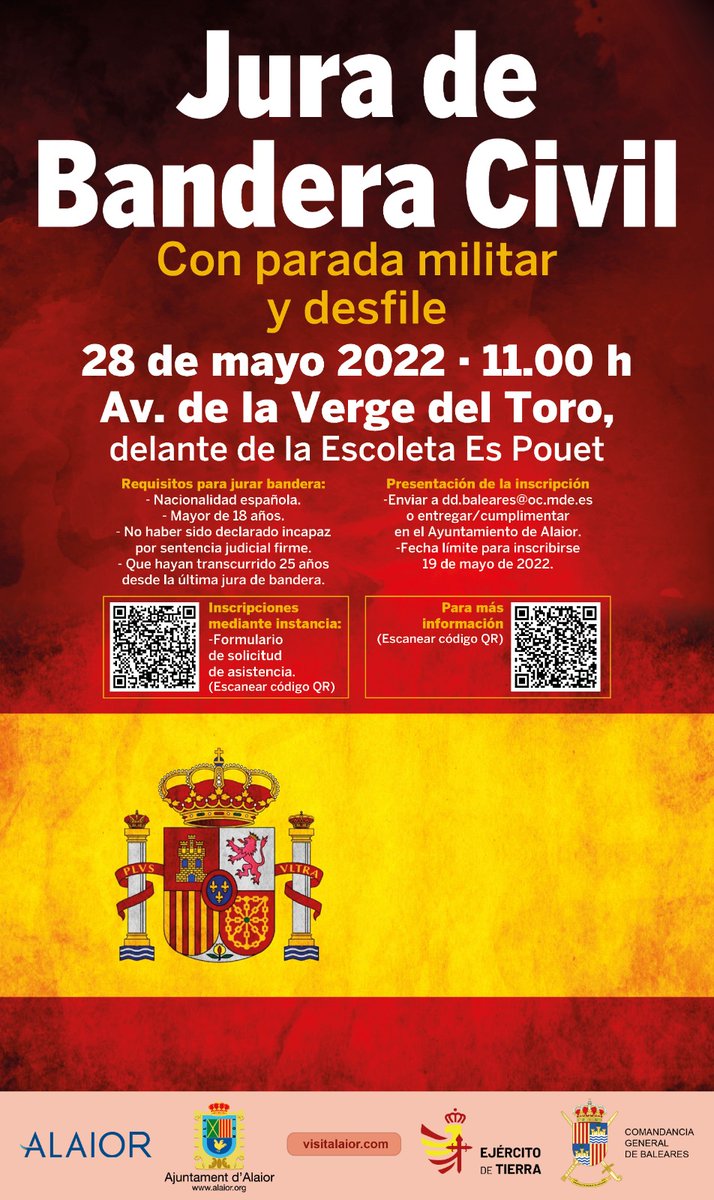 JLBenejam's tweet photo. En Alaior, el 28 de mayo, a las 11h., (Avda. Verge del Toro, junto a la sede de Cruz Roja), Jura de Bandera Civil, con parada y desfile militar. ¡Participa! Inscríbete, ya. #Alaior @COMGEBAL_ET @EjercitoTierra @Defensagob @AjAlaior https://t.co/QrxnzreXNQ