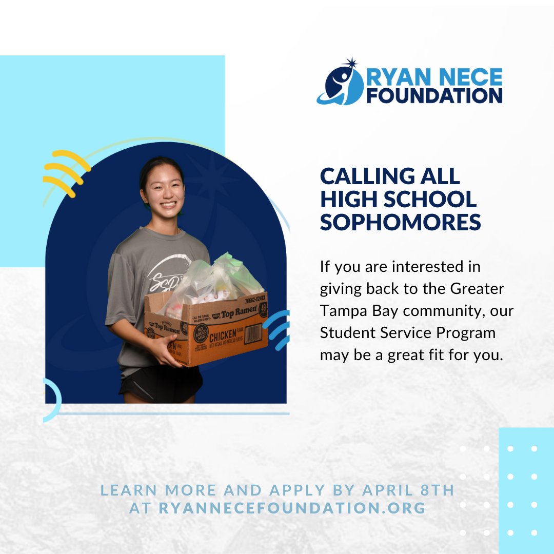 Spread the word! Applications are now open to Hillsborough and Pinellas County high school sophomores for the Ryan Nece Foundation's Student Service Program. Deadline is April 8. 

Applications can be found here: bit.ly/3NpeyWO