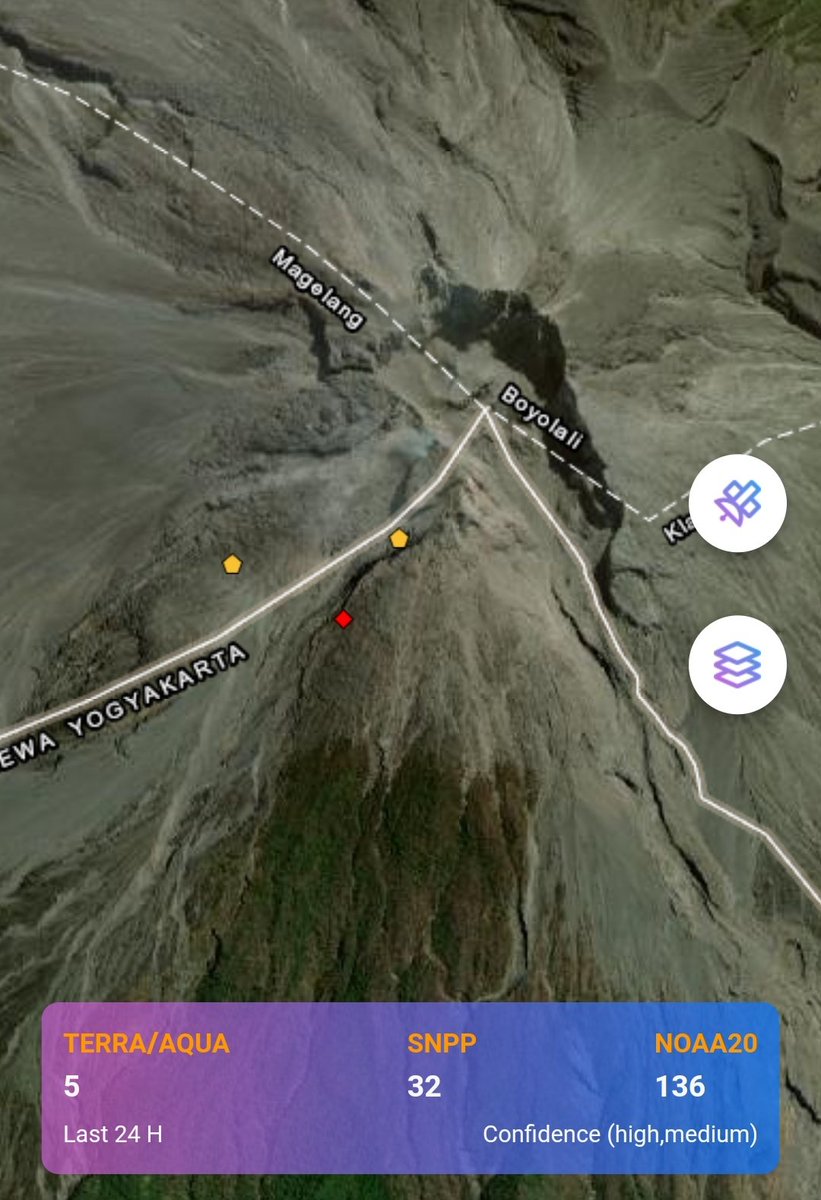 Sensor satelit menangkap 3 lokasi titik panas/hotspot yang berasal dari gunung #merapi selama kurun waktu 24 Jam terakhir. dengan tingkat confidence medium dan high.