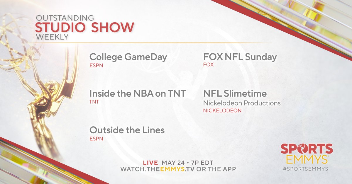 sportsemmys's tweet photo. The #SportsEmmys nominees for Outstanding Studio Show - Weekly are,
College GameDay | @espn @CollegeGameDay
FOX NFL Sunday | @FOXSports @NFLonFOX
Inside the NBA on TNT | @TurnerSportsPR @NBAonTNT
NFL Slimetime | @Nickelodeon
Outside the Lines | @espn @OTLonESPN https://t.co/FiaTWcaS8V