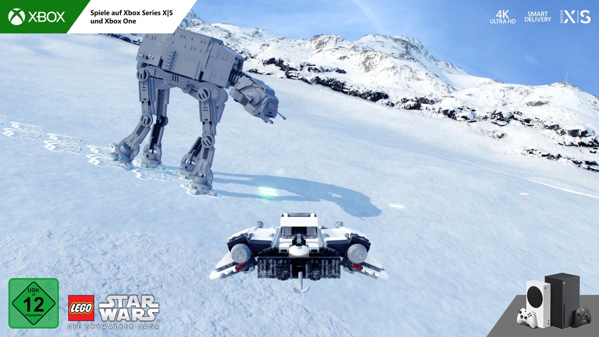  Ein Snowspeeder auf Hoth, der sich einem AT-AT nähert. Der Code W7WR7-RD9HC-TGK9D-TRKRK-FGK7Z steht auf den Bergen im Hintergrund.
