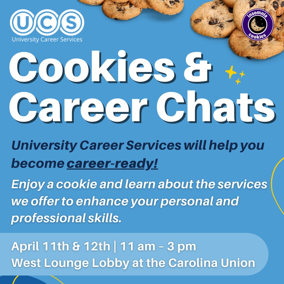 Enjoy a cookie and chat with us on April 11th and 12th from 11:00am – 3:00pm in the West Lounge Lobby at the Carolina Union. Get career-ready by learning about our services.
Perfect opportunity for seniors to complete their First Destination Survey! bit.ly/3Klahlm