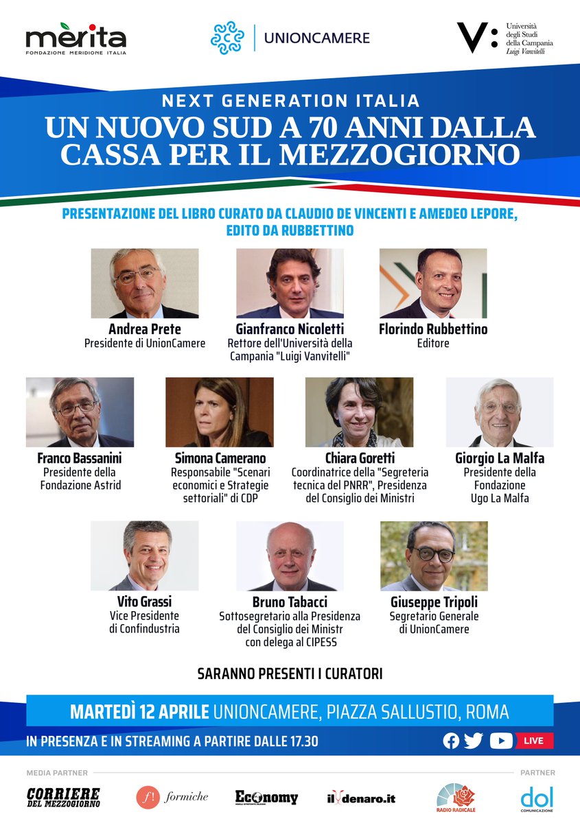 Martedì 12 aprile saremo alle 17.30 in <a href="/unioncamere/">Unioncamere</a> a Roma e in diretta online con la presentazione di "Next Generation Italia - Un nuovo Sud a 70 anni dalla Cassa per il Mezzogiorno", il libro di <a href="/rubbettinobooks/">Rubbettino Editore</a> curato da <a href="/C_DeVincenti/">Claudio De Vincenti</a> e <a href="/amelepore/">AMEDEO LEPORE</a> ⤵️
fb.me/e/2pUWMKFU1