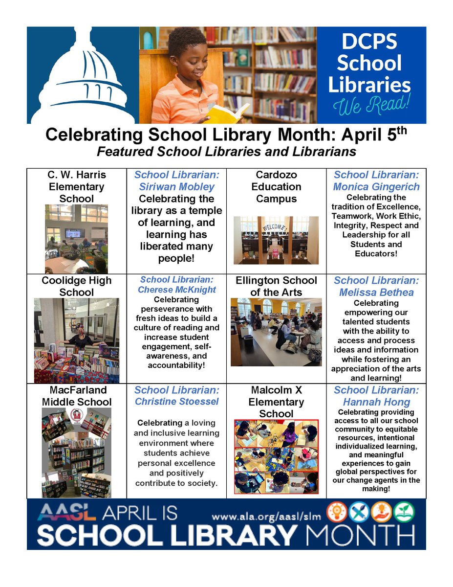 DcpsLibrary's tweet photo. In our month-long celebration of DC Public School Libraries, for April 5th, we celebrate Siriwan Mobley, @MonicaGingerich, Cherese McKnight, Melissa Bethea @artslibrarian88, Christine Stoessel, and Hannah Hong. @dcpublicschools https://t.co/SH4rrDByPU