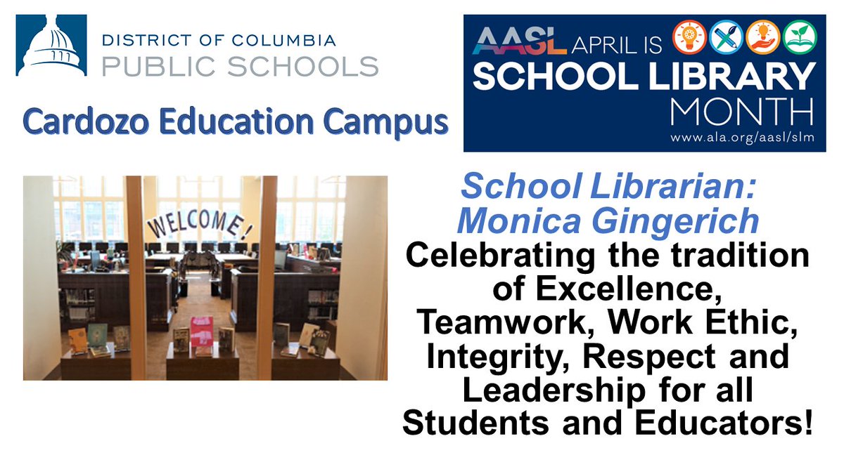 DcpsLibrary's tweet photo. For School Library Month, celebrating @MonicaGingerich, Monica Gingerich from @CardozoEC! @aasl, @dcpublicschools https://t.co/Os86eUVUhS