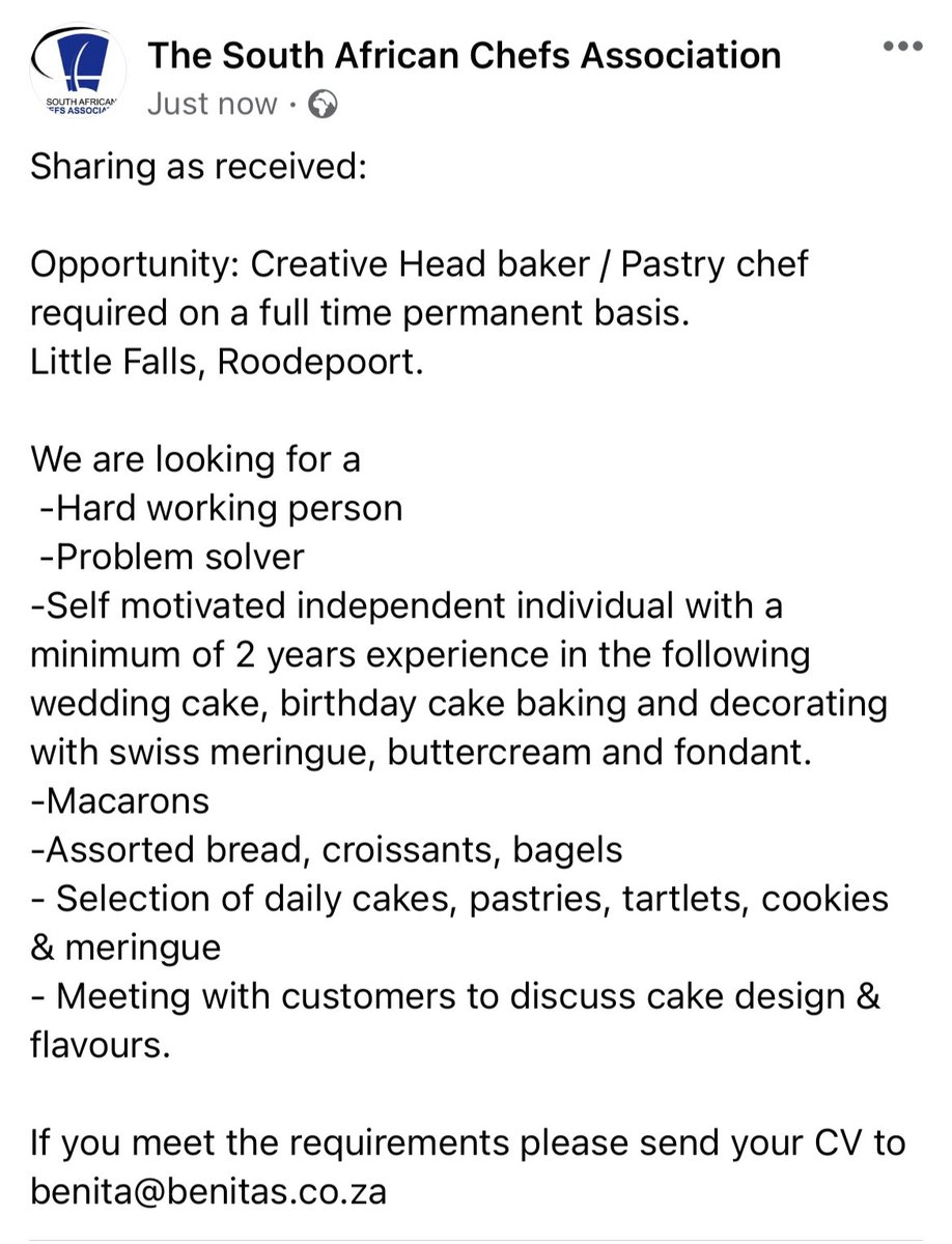 sa_chefs's tweet photo. Opportunity for a head baker in Johannesburg. https://t.co/uFzxAM6gLi