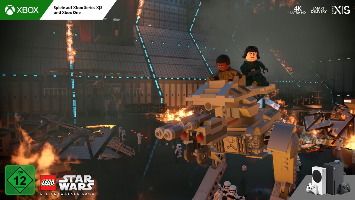 Finn und Rose Tico in einem teilweisezerstörten AT-ST. Um sie herum sind Trümmer, und unter ihnen sind Sturmtruppler. Der Code 4HHC4-JFDC3-93JX4-JP3C2-V6J3Z steht auf dem Boden, rechts von den Trümmern, die sich links unten auf dem Bild befinden.