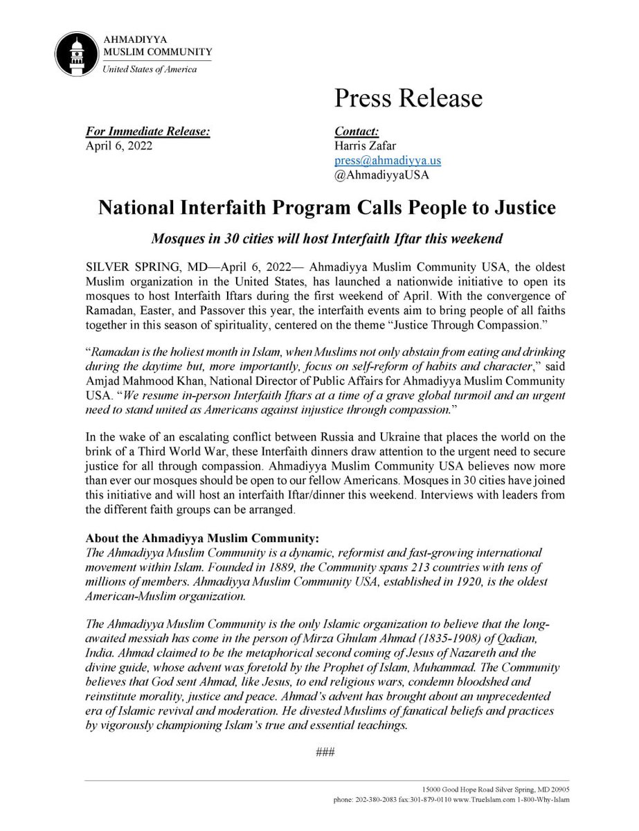 AhmadiyyaUSA's tweet photo. PRESS RELEASE: "National Interfaith Program Calls People to Justice. Mosques in 30 cities will host Interfaith Iftar this weekend." #Ramadan #Iftar #Ramadan2022 https://t.co/nqYQxZYnQy