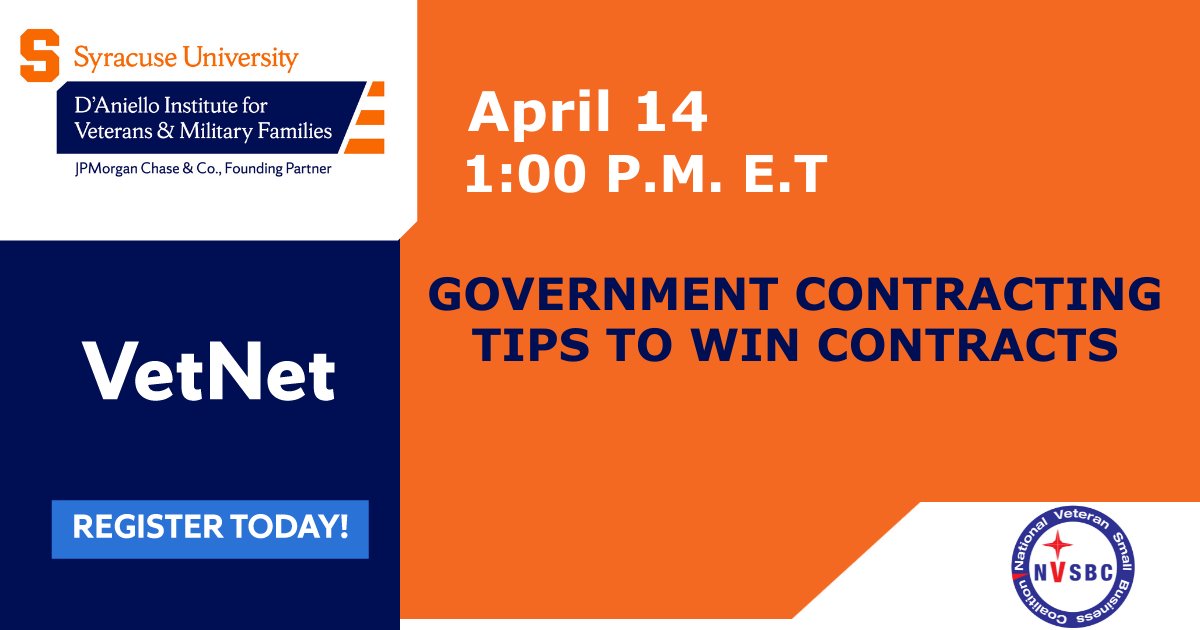IVMFSyracuseU's tweet photo. We've partnered with @NVSBC_VETS to bring you a #VetNet webinar on Government Contracting! On April 14th, hear from experts on how to be a strong contender in the federal contracting space and get your questions answered.
RSVP here: https://t.co/VTFFqF12GQ https://t.co/8rfdRQhNen
