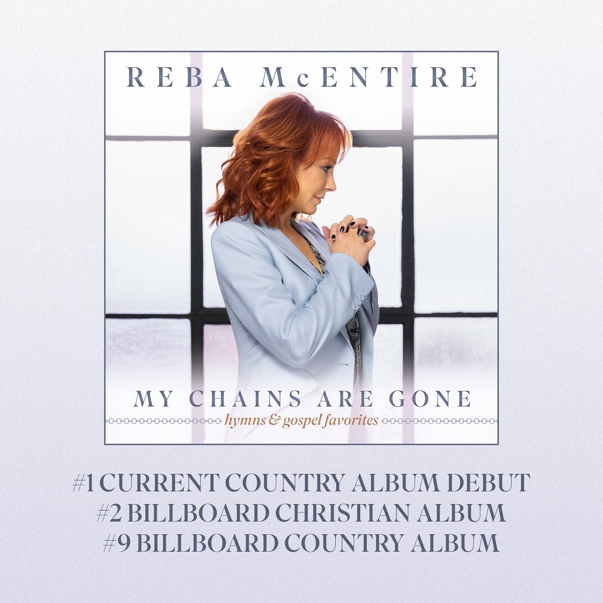 reba's tweet photo. So sweet to see all the love on #MyChainsAreGone! This marks my 28th top 10 Billboard Country Albums chart debut thanks to y’all. ❤️ https://t.co/vTKqyVtErl https://t.co/YWsuRcnNEB