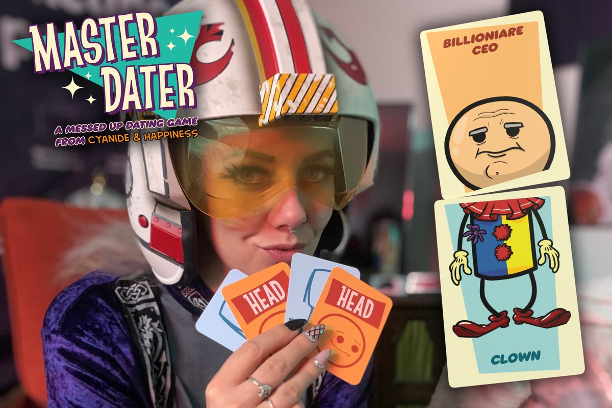Explosm's tweet photo. In case you missed it, yesterday we announced our 3rd card game: MASTER DATER.  It's a game where you create bizarre, perfect dates to pander to very, very specific interests: https://t.co/RvIwWfKUIA https://t.co/PkYKu0pMai