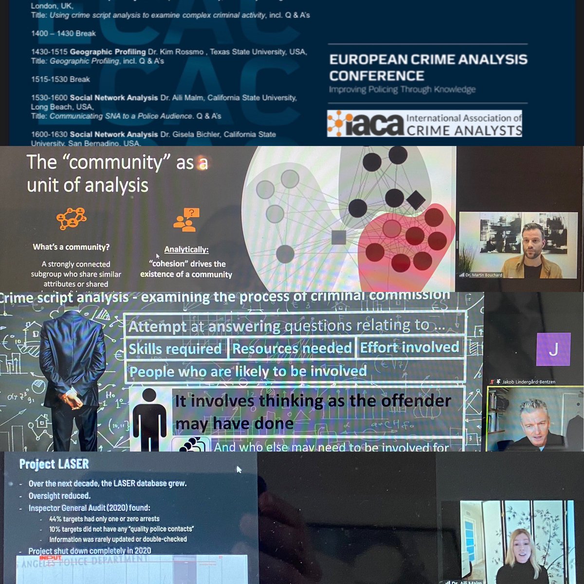 Thank you all for joining the virtual ECAC 2022. Thank you so much  <a href="/SpencerChainey/">Spencer Chainey</a> , Dr. Kim Rossmo, <a href="/AiliMalm/">Aili Malm</a> , Dr. Gisela Bichler &amp; <a href="/MBouchardCrim/">Martin Bouchard</a> 
Almost 600 signed up for the event and 43 countries checked in - just amazing! See you in Cph next year :-)