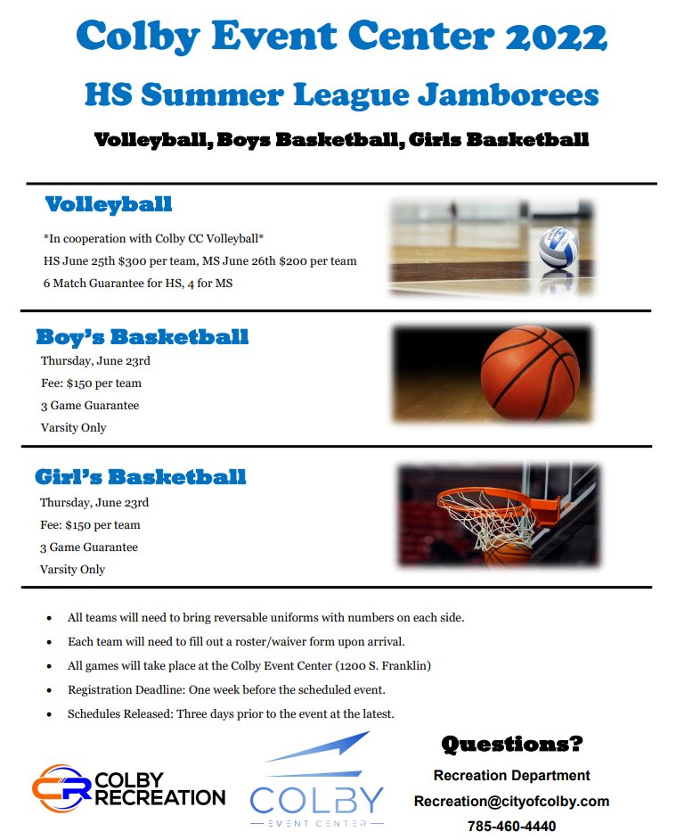 Colby Recreation will be hosting 3 High School Summer Jamborees at the Event Center this Summer!