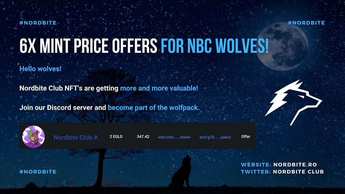 nordbite's tweet photo. 6x mint price offers for nbc wolves!

Hello wolves!

Nordbite Club NFT's are getting more and more valuable!

Join our Discord server and become part of the wolfpack.

#nordbite #ElrondNetwork #nfts https://t.co/8zFwqMTkAj