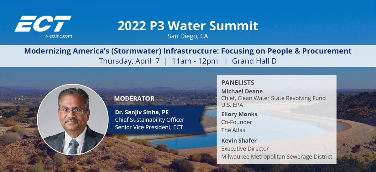 ECTINC's tweet photo. ECT’s @SanjivinGL is chairing a panel at the #P3Water Summit. Panelists @shaferh20, @Ellory_Monks, and @MDeaneDC will discuss #IIJA opportunities for stormwater infrastructure, modernizing workforce development, and newer delivery/finance models with a focus on social equity. https://t.co/QtguyJcOvm