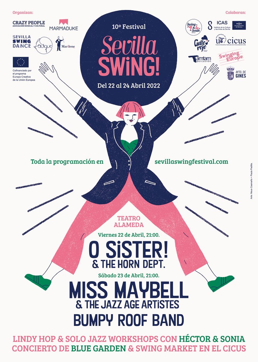 Con la programación de #SevillaSwing2022 a tu alcance, ¡toca organizarse! 
Entra en nuestra web 👉 bit.ly/3uOnLPS agenda en mano. 
Todas propuestas nivel 💯.
✨¡No faltes a nuestro 10 aniversario!✨
Cartel 💛: ilustración de Neus Caamaño y diseño de Paula Padilla.