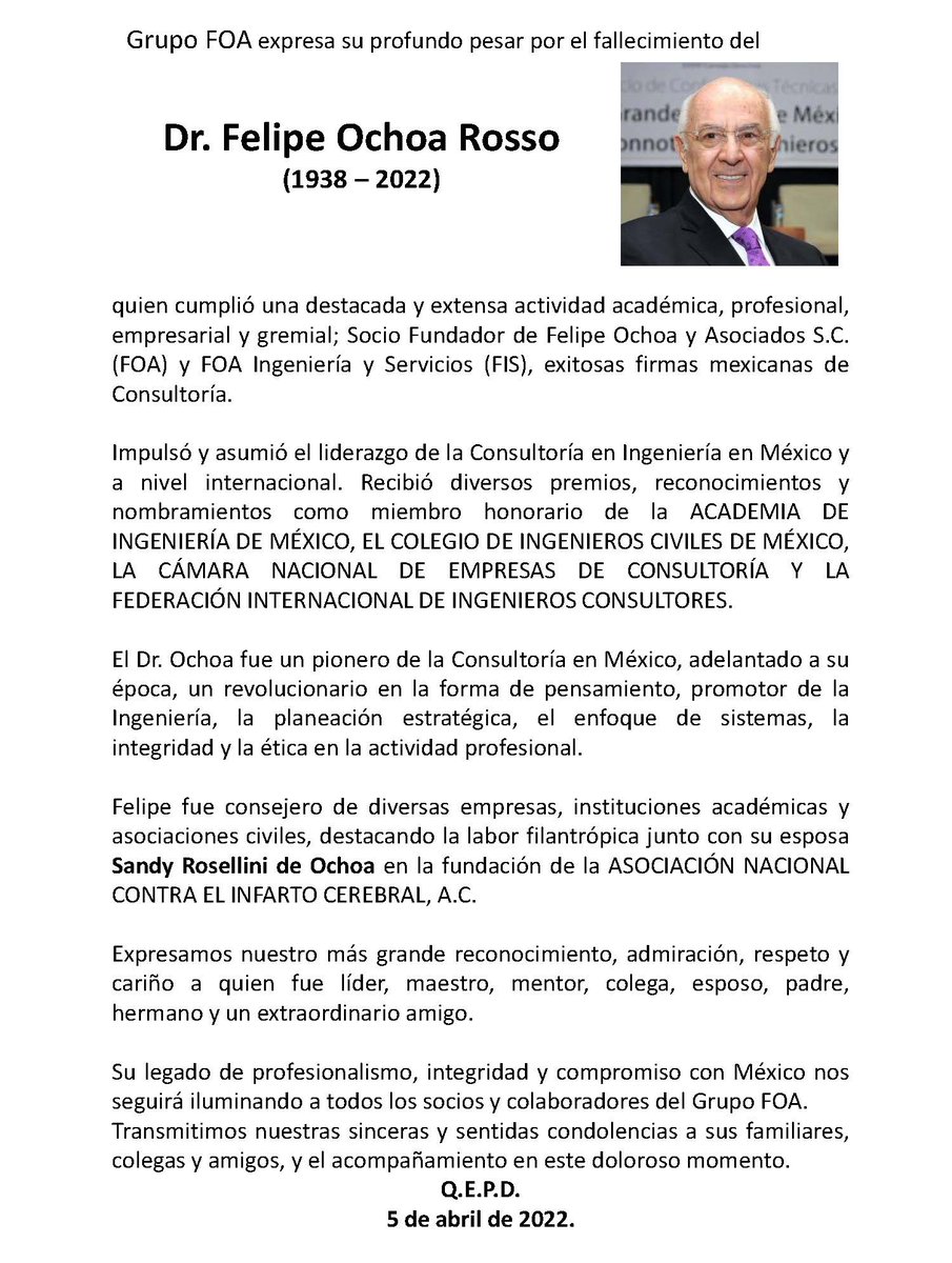 foaconsultores's tweet photo. Grupo FOA expresa su profundo pesar por el fallecimiento del Dr. Felipe Ochoa Rosso. https://t.co/j7OxiHGGLT