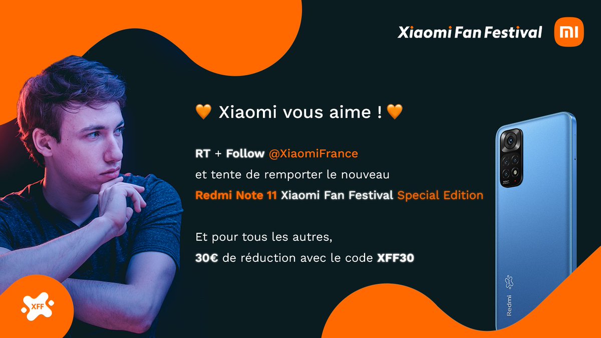 Sardoche_Lol's tweet image. 🎁 CONCOURS 🎁

A l'occasion du #XiaomiFanFestival on vous fait gagner un Xiaomi Redmi Note 11 XFF Special Edition 🥳

Rien de plus simple: 
- Il suffit de #RT 
- Follow @XiaomiFrance

+ Code de 30€ "XFF30" utilisable ici même:
👉🏻 urlz.fr/hV4Y

Tirage Mercredi 16 🥃