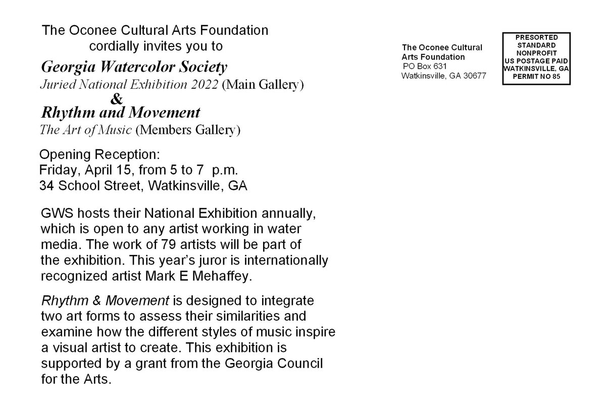 OCAFDirector's tweet photo. CALL FOR DONATIONS:  We are asking for donations of food and wine for the reception, and for volunteers to help serve during the opening of Georgia Watercolor Society and Rhythm &amp; Movement exhibitions.  The reception will be April 15 from 5-7.  Register: https://t.co/HshSGhFOua https://t.co/GnlsoJbXvG