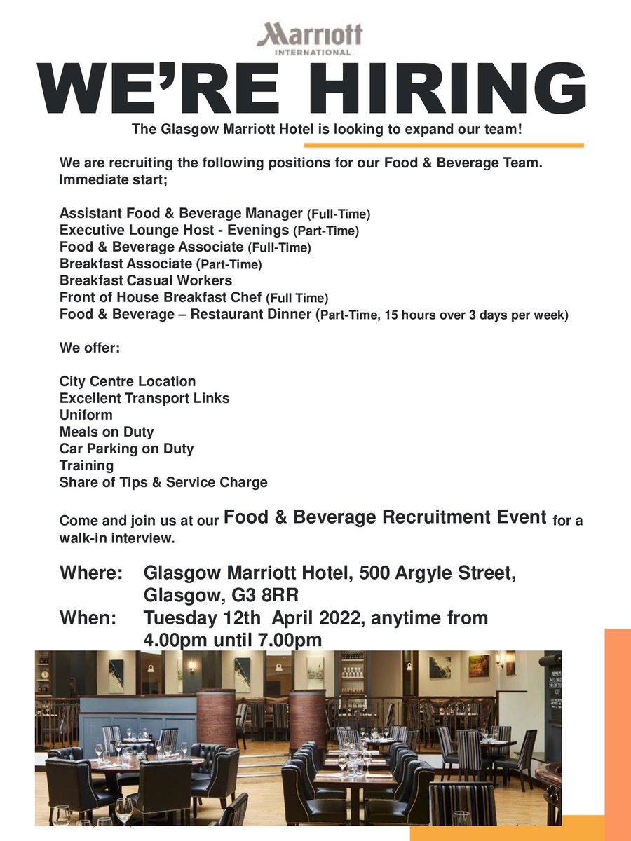 StreetLeagueUK's tweet photo. ๐ข Job Alert ๐ข
Want to start your career in hospitality?๐ค
Our friends @marriottglasgow are recruiting for multiple hospitality roles to start immediately!
Join them at their recruitment event on April 12th at the Marriott Hotel, Glasgow, 4-7pm #movingintowork https://t.co/sj6y1YmQrY